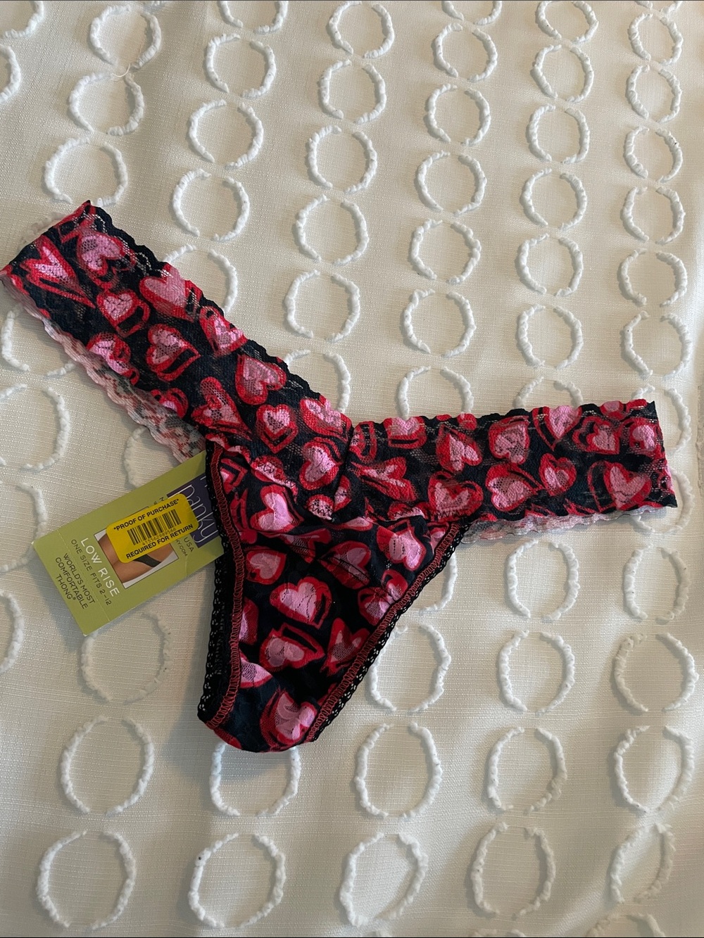 Hanky Panky Black Thong Panty with Pink & Red Heart Print